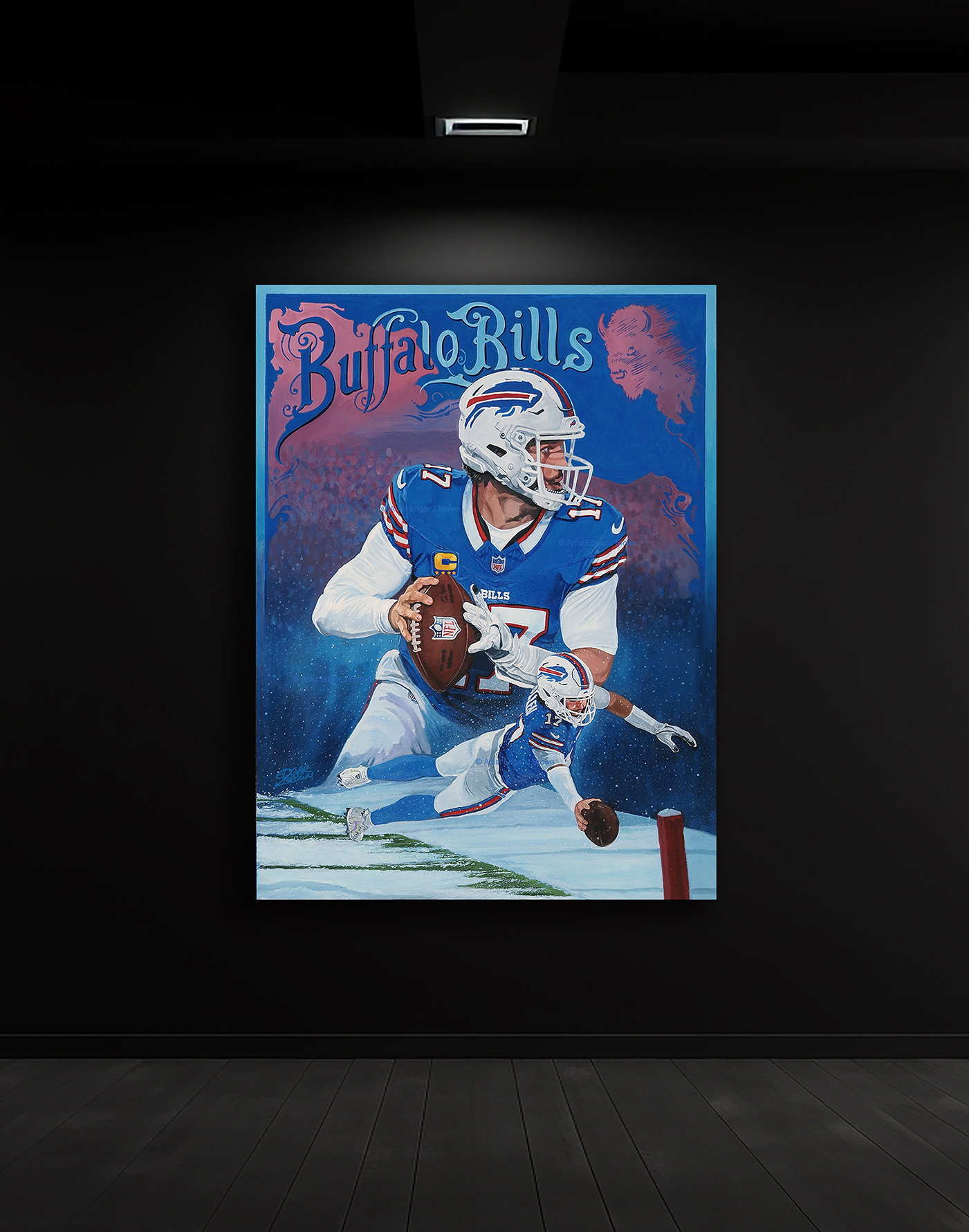 Josh Allen NFL licensed limited edition canvas print stretched and displayed in gallery