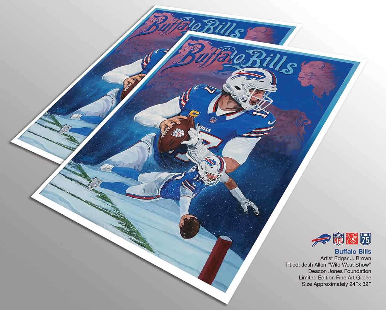 Josh Allen NFL licensed limited edition paper print by Edgar Brown displayed unframed, signed and numbered